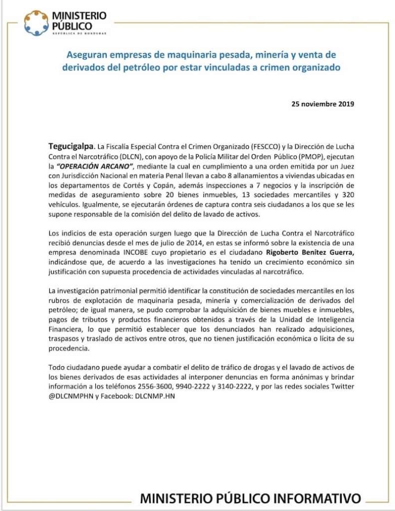 comunicado operacion arcano